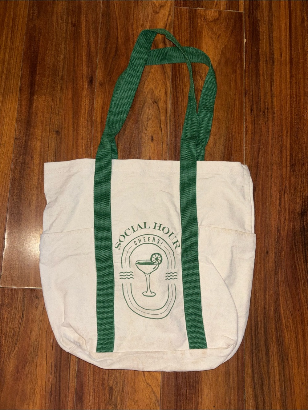 Cream Canvas Tote with Green Straps and 'Social Hour' Print
